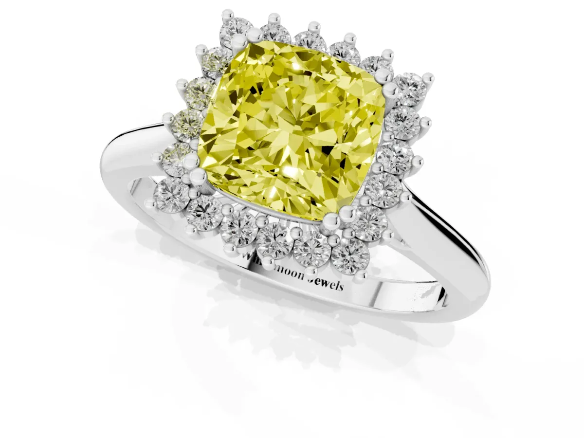 Fancy Yellow Cushion Cut Cut Diamond Halo Ring with Solitaire Band and Prong Setting White gold