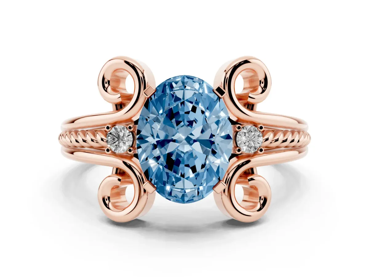 Fancy Blue Oval Cut Solitaire Twisted Band Scroll Prong Ring Rose gold