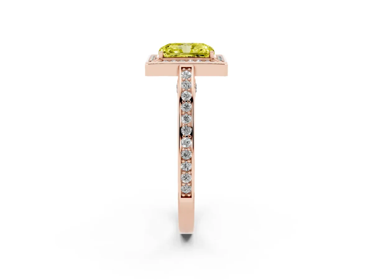 Fancy Yellow Radiant Cut Cut Halo Pave Split Shank Prong Setting Ring Rose gold