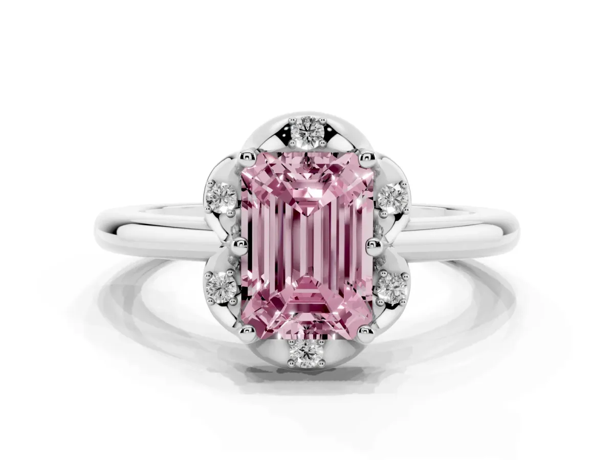 Fancy Pink Emerald Cut Halo Diamond Ring with Round Cluster Setting, Solitaire Band, and Four-Prong Setting Silver