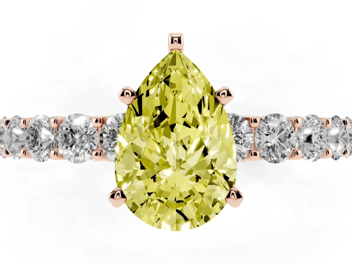 Fancy Yellow Pear Cut Diamond Solitaire Ring with Shared Prong Pavé Band and Four-Prong Setting Rose gold