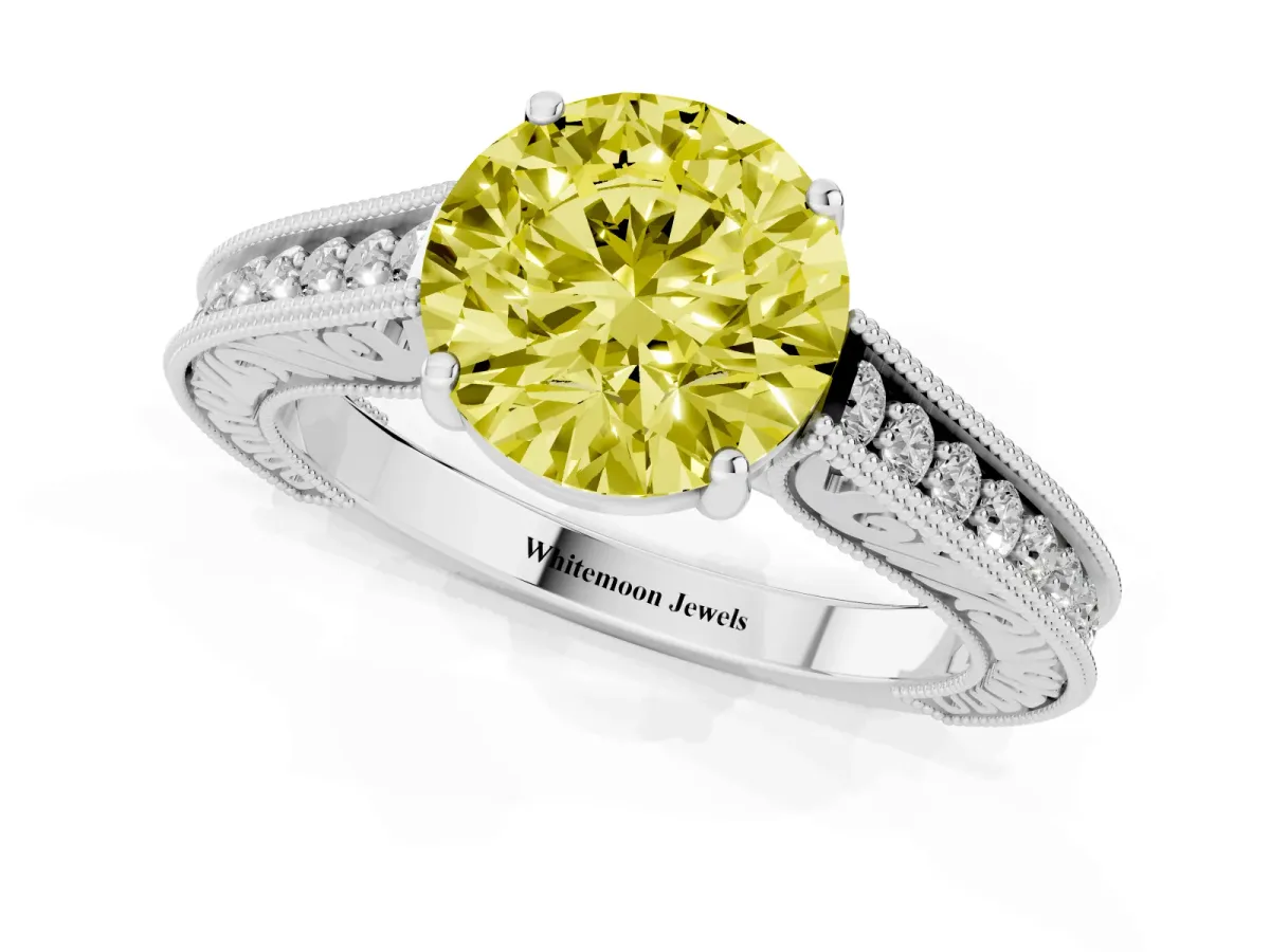 Fancy Yellow Round Cut Cut Pave Band Milgrain Solitaire Ring White gold