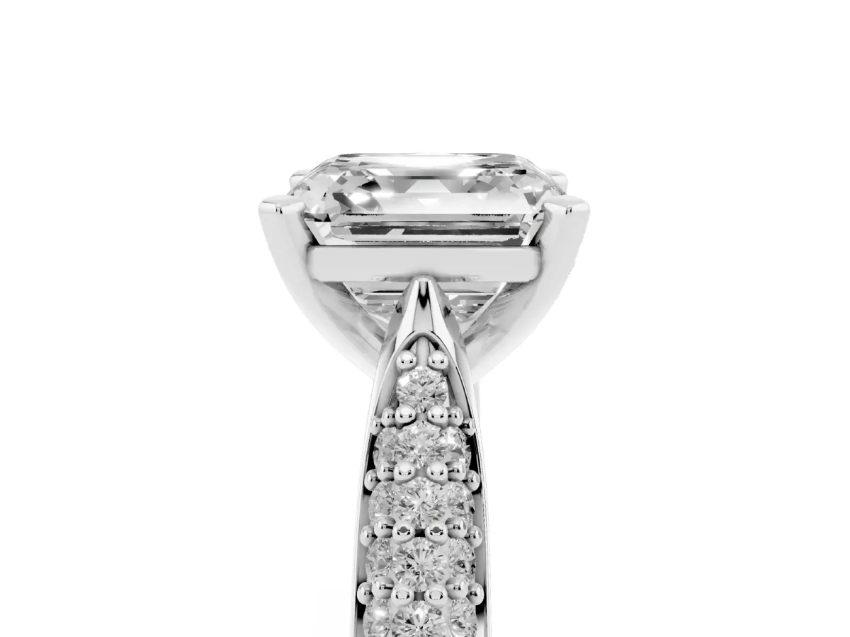 Asscher Cut Diamond Solitaire Engagement Ring with Multi-Row Round Pavé Band and Prong Setting Silver
