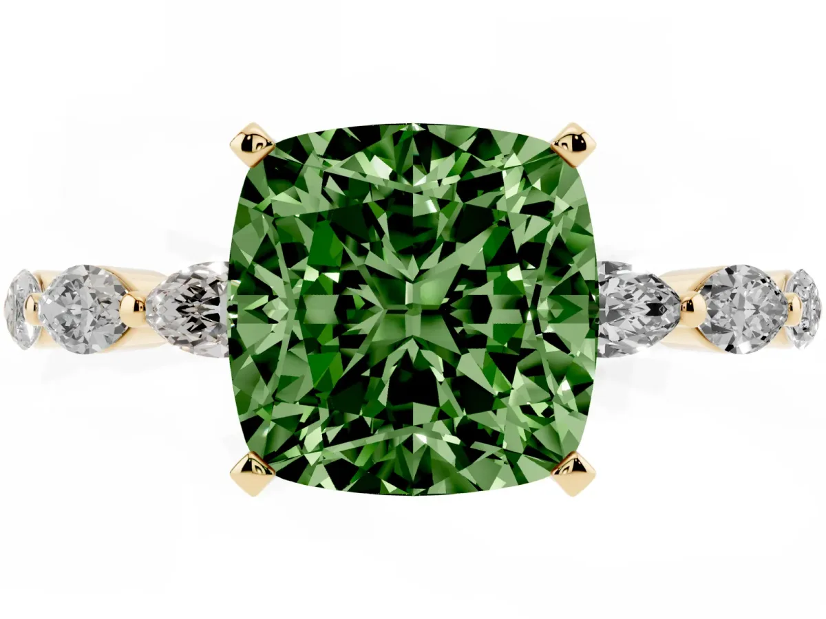 Fancy Green Cushion Cut Diamond Ring with Marquise Side Stones and Prong Setting Yellow gold