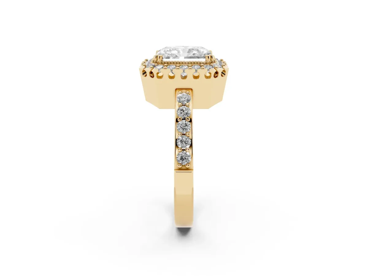Radiant Cut Diamond Halo Ring with Pavé Band and Prong Setting Yellow gold
