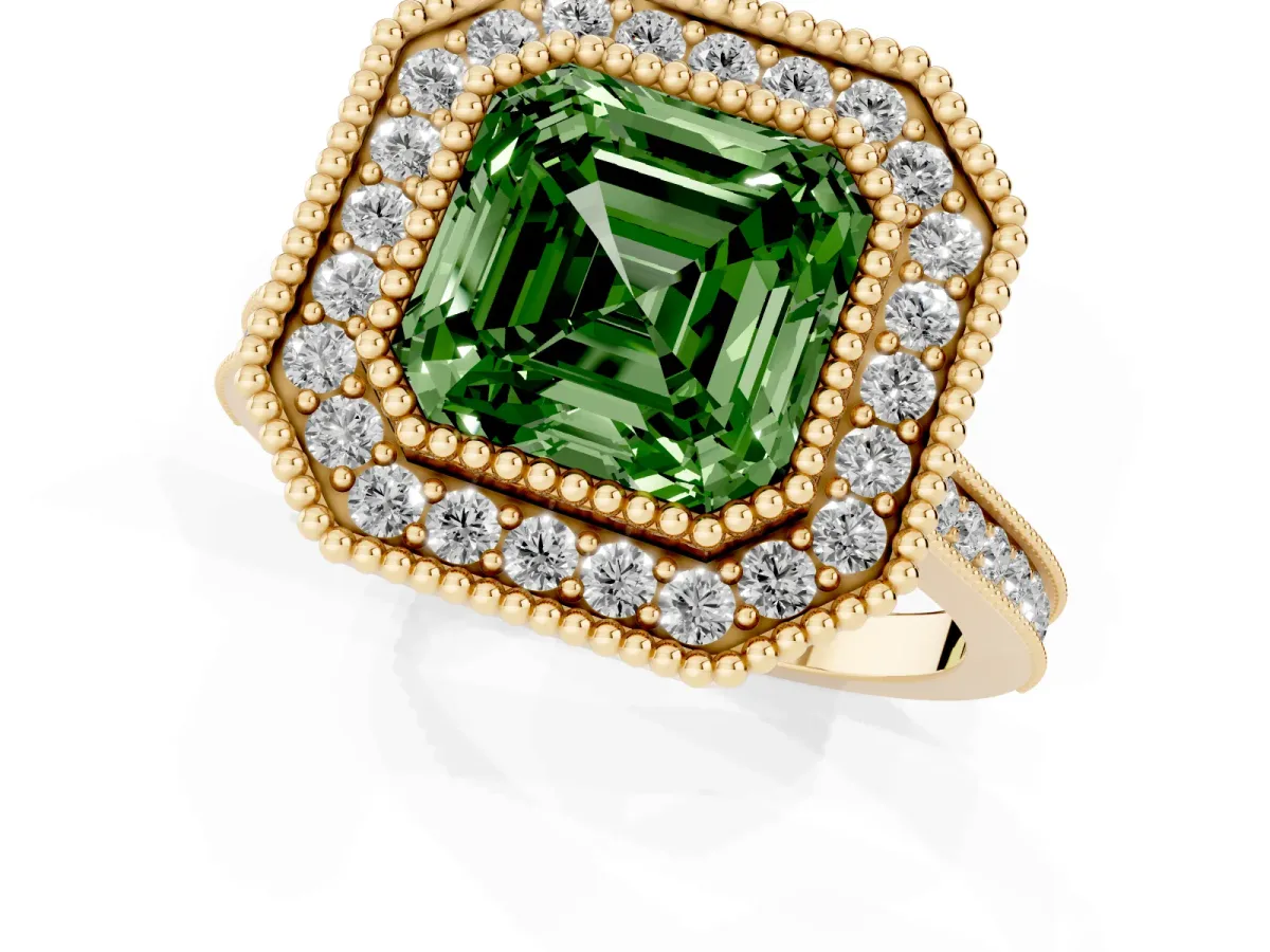 Fancy Green Asscher Cut Diamond Halo Ring with Milgrain Frame and Pavé Band Yellow gold