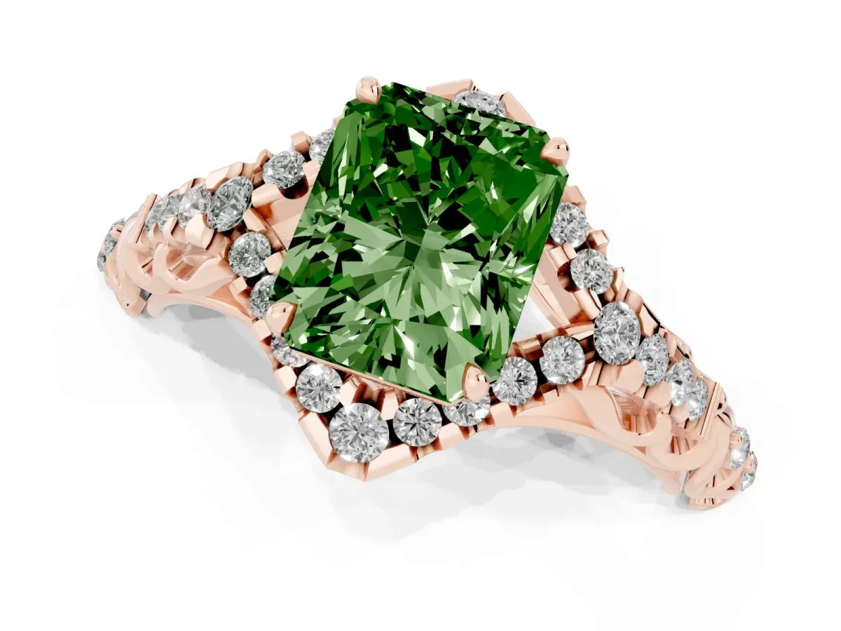 Fancy Green Radiant Cut Diamond Solitaire Ring with Hidden Halo and Pavé Band Rose gold
