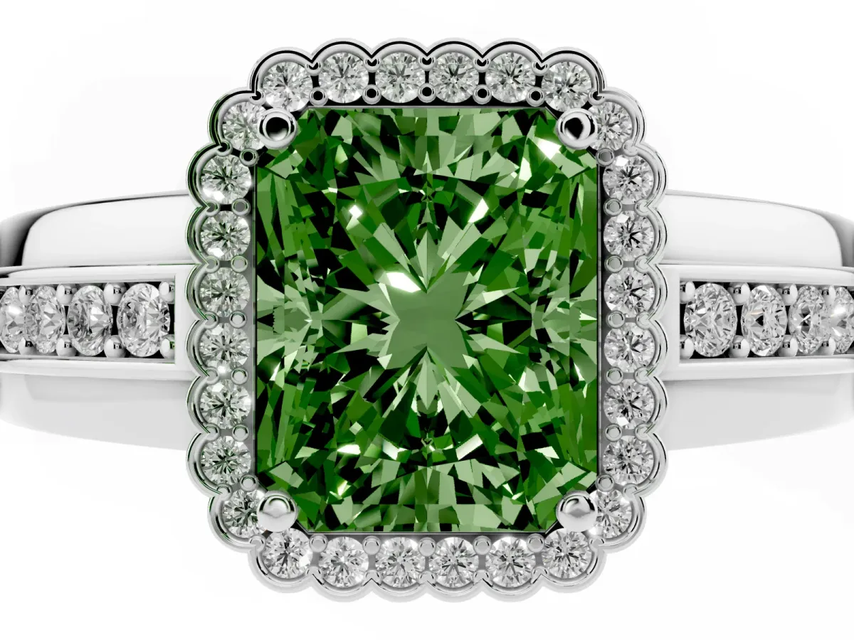 Fancy Green Radiant Cut Cut Halo Pave Band Four-Prong Ring Silver