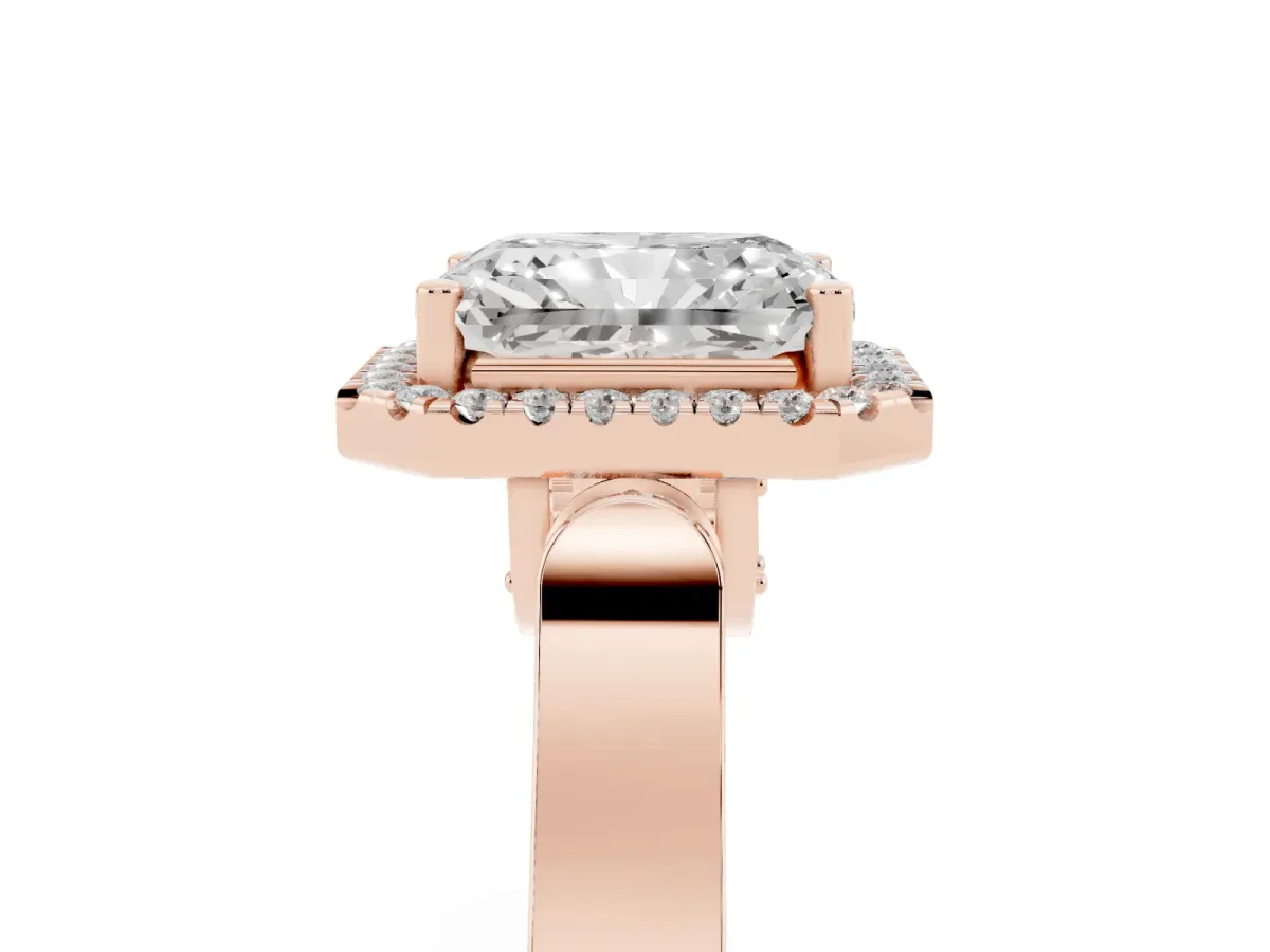 Radiant Cut Halo Round Diamond Twist Band with Four-Prong Setting Rose gold