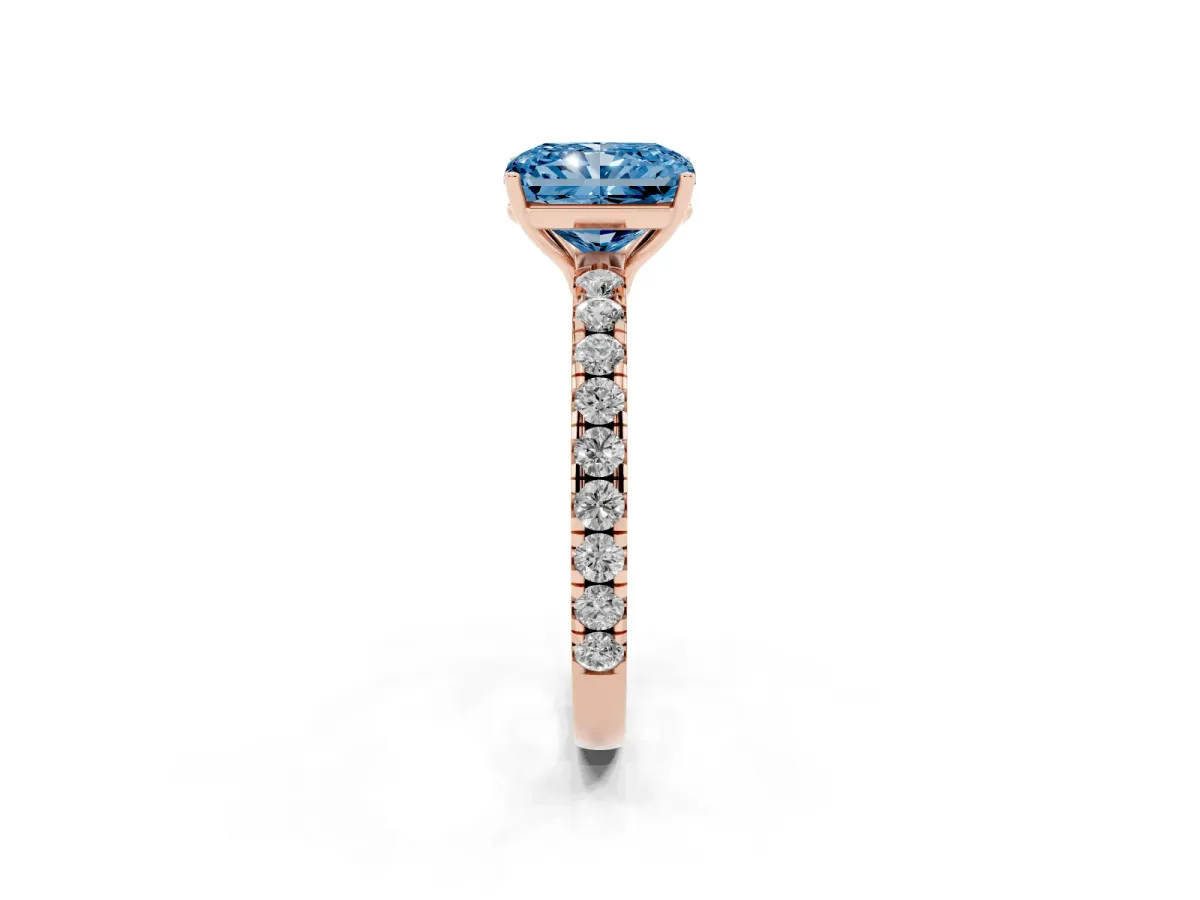 Fancy Blue Radiant Cut Diamond Pavé Solitaire Engagement Ring with Four-Prong Setting Rose gold