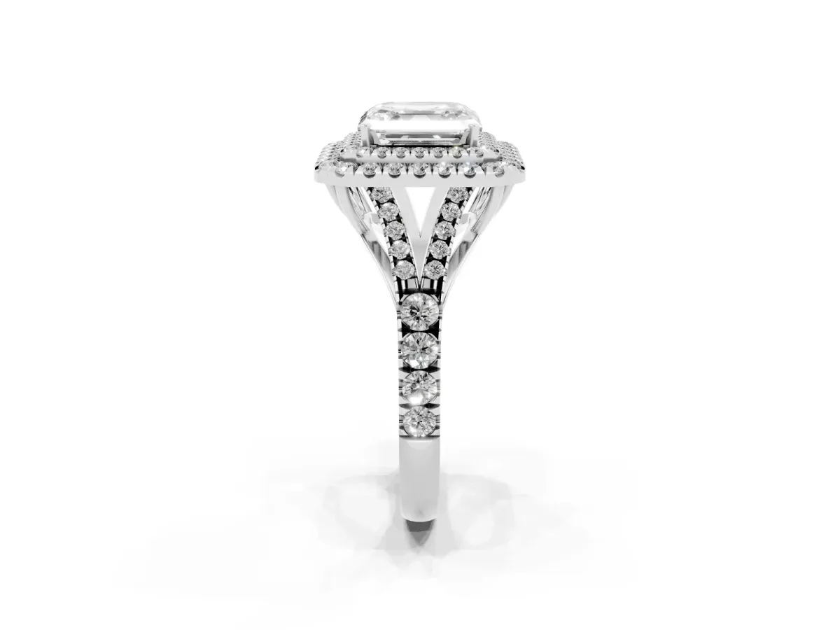 Asscher Cut Cut Double Halo Split Shank Diamond Ring with Prong Setting Silver