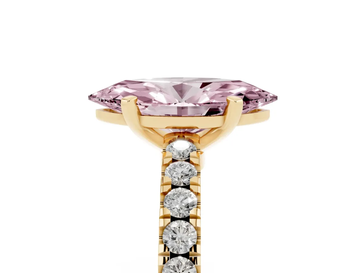 Fancy Pink Marquise Cut Solitaire Diamond with Pavé Band and Four-Prong Setting Yellow gold