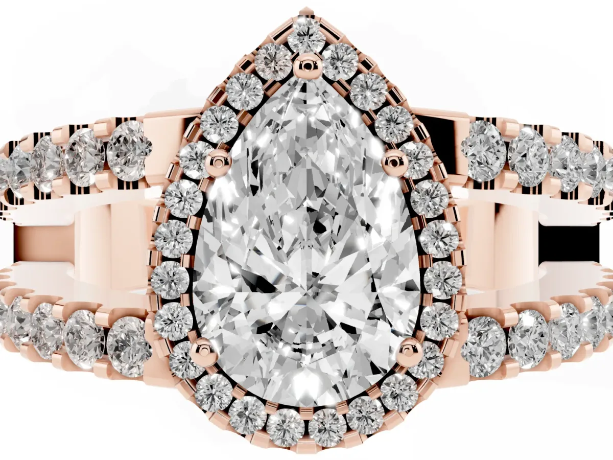 Pear Cut Cut Halo Split Shank Diamond Ring with Four-Prong Setting Rose gold