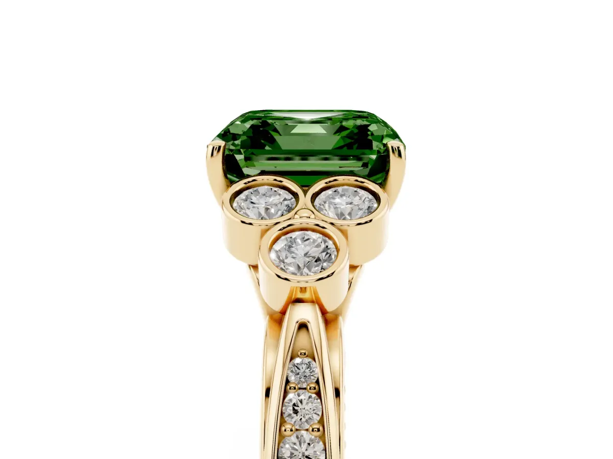 Fancy Green Asscher Cut Cut Diamond Engagement Ring with Bezel Set Round Side Stones and Prong Setting Yellow gold