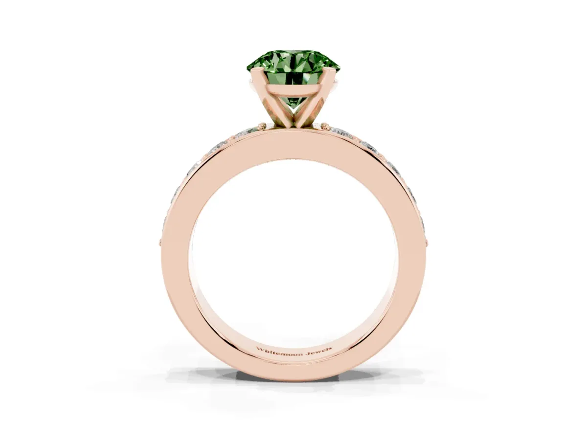 Fancy Green Round Cut Diamond Engagement Ring with Channel Set Round Band and Prong Setting Rose gold