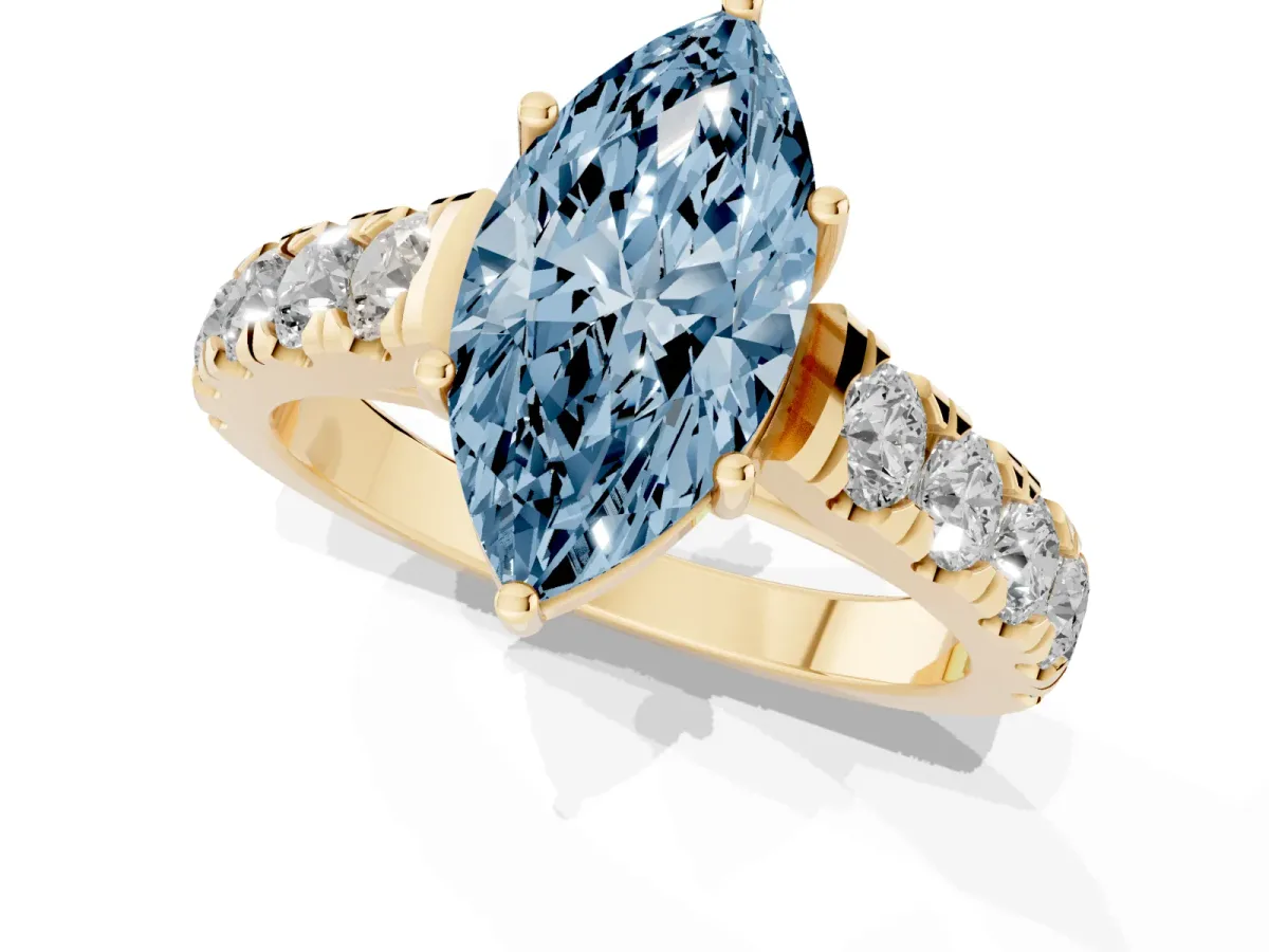 Fancy Blue Marquise Cut Cut Diamond Solitaire Ring with Micro Pave Band and Prong Setting Yellow gold