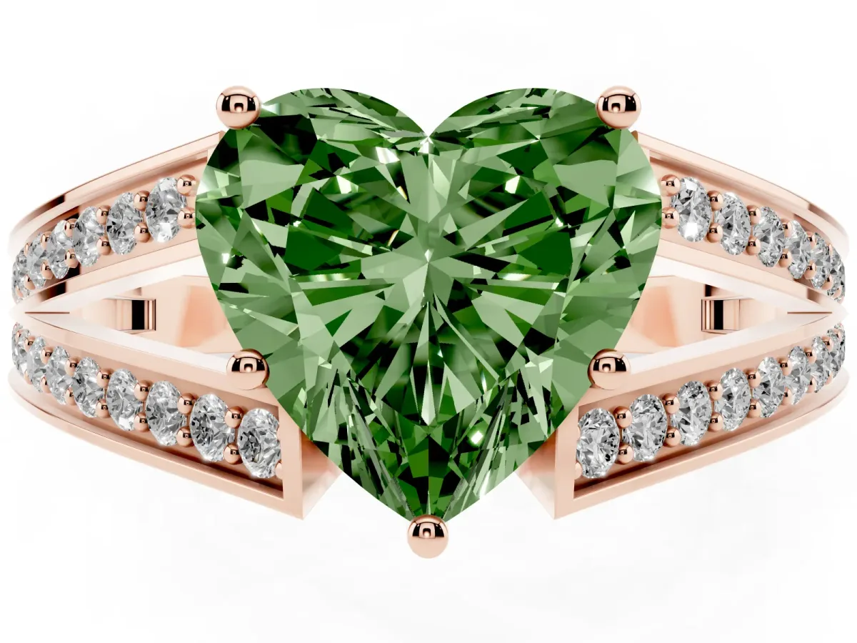 Fancy Green Heart Cut Diamond Split Shank Ring with Pavé Band and Four-Prong Setting Rose gold
