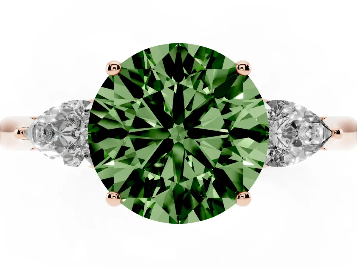 Fancy Green Three-Stone Round Cut Brilliant Diamond Solitaire Ring with Tapered Band and Four-Prong Setting Rose gold