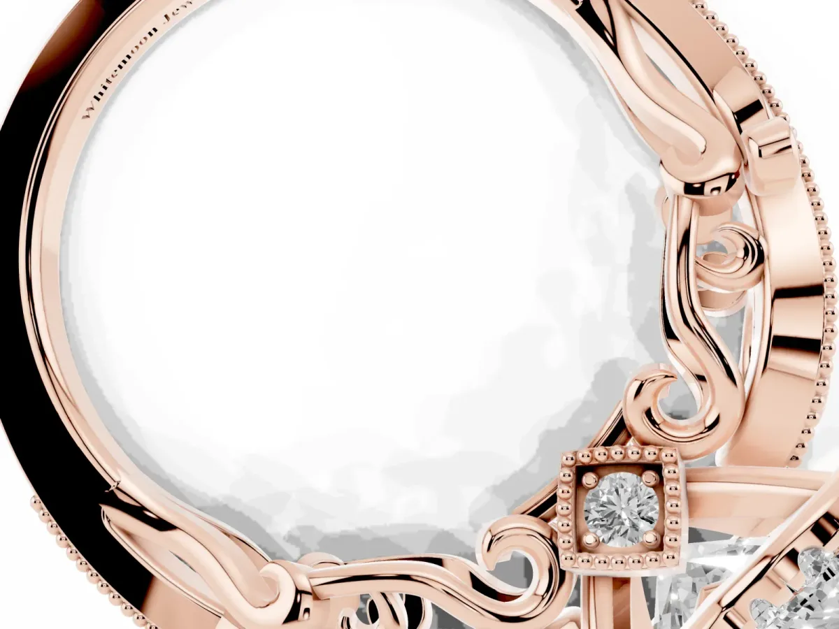 Heart Cut Halo Diamond Ring with Milgrain and Bezel Accents on a Split Shank Band Rose gold