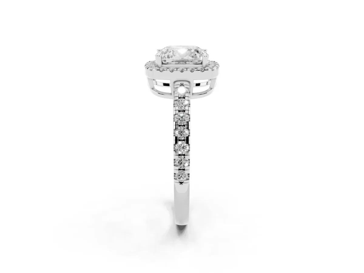 Cushion Cut Diamond Halo Ring with Pavé Band and Four-Prong Setting Platinum