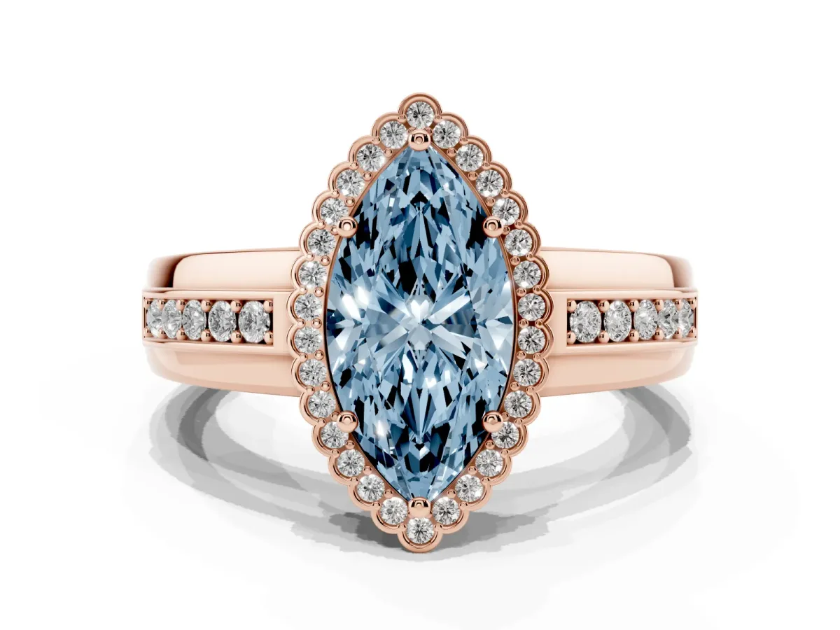 Fancy Blue Marquise Cut Cut Halo Pave Band Four-Prong Ring Rose gold