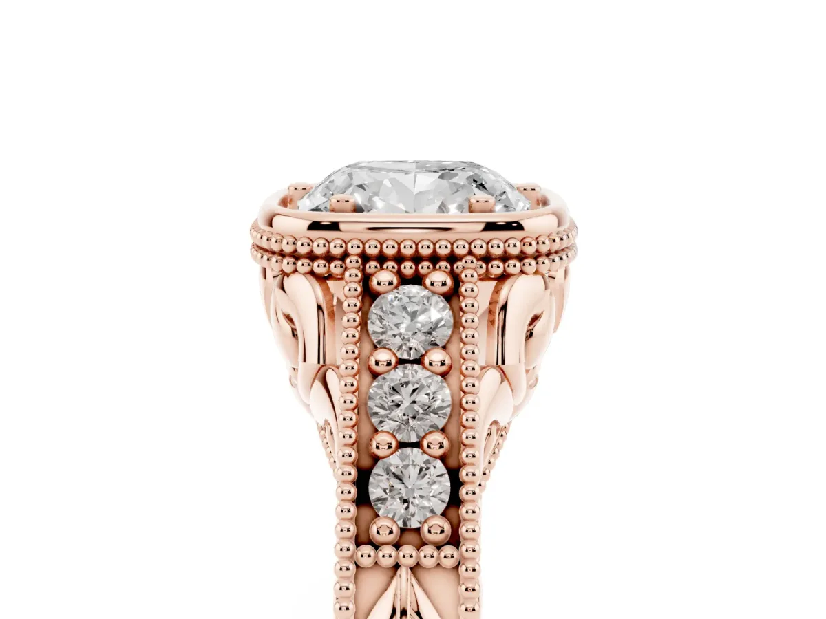 Bezel Set Cushion Cut Diamond Milgrain Pave Engagement Ring Rose gold