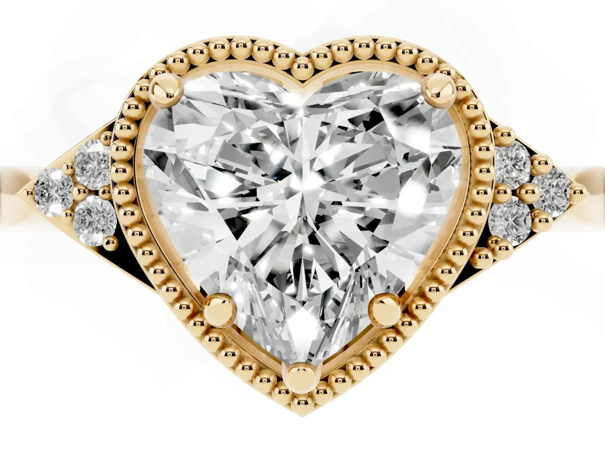 Heart Cut Diamond Halo Ring with Tapered Band and Four-Prong Setting Yellow gold
