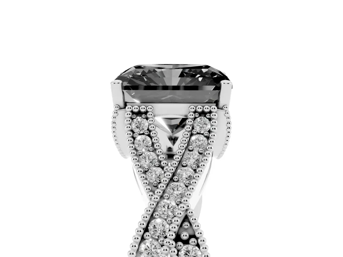 Fancy Black Radiant Cut Cut Diamond Twisted Band with Milgrain Pave Setting and Four-Prong Setting Silver