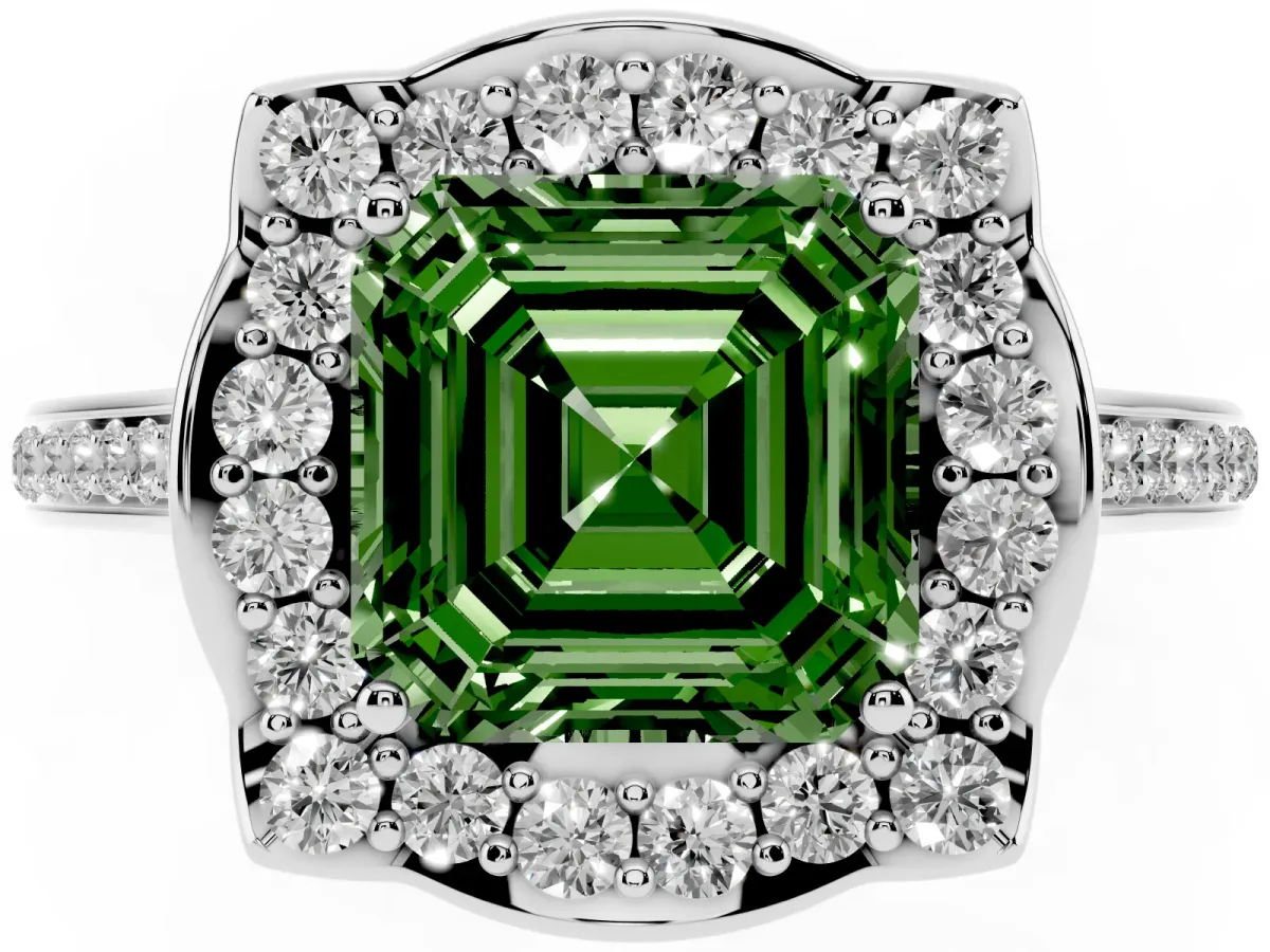 Fancy Green Asscher Cut Halo Round Diamond Pave Band with Four-Prong Setting White gold