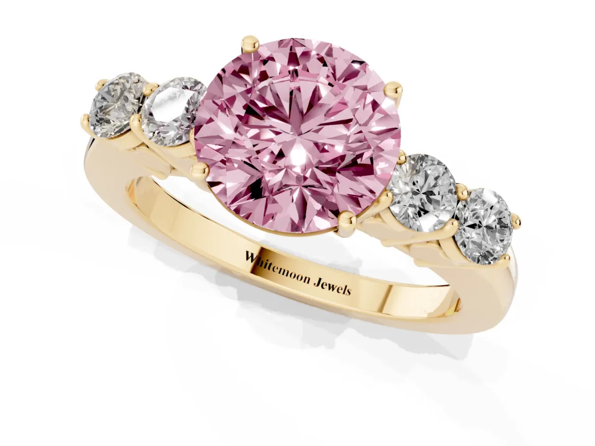 Fancy Pink Round Cut Cut Diamond Five-Stone Prong Set White Gold Ring Yellow gold