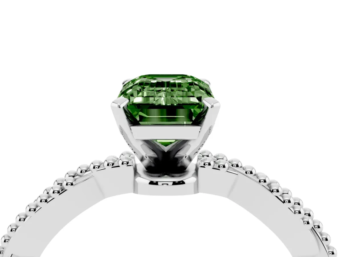 Fancy Green Emerald Cut Solitaire Twisted Band with Bead Prong Setting Silver