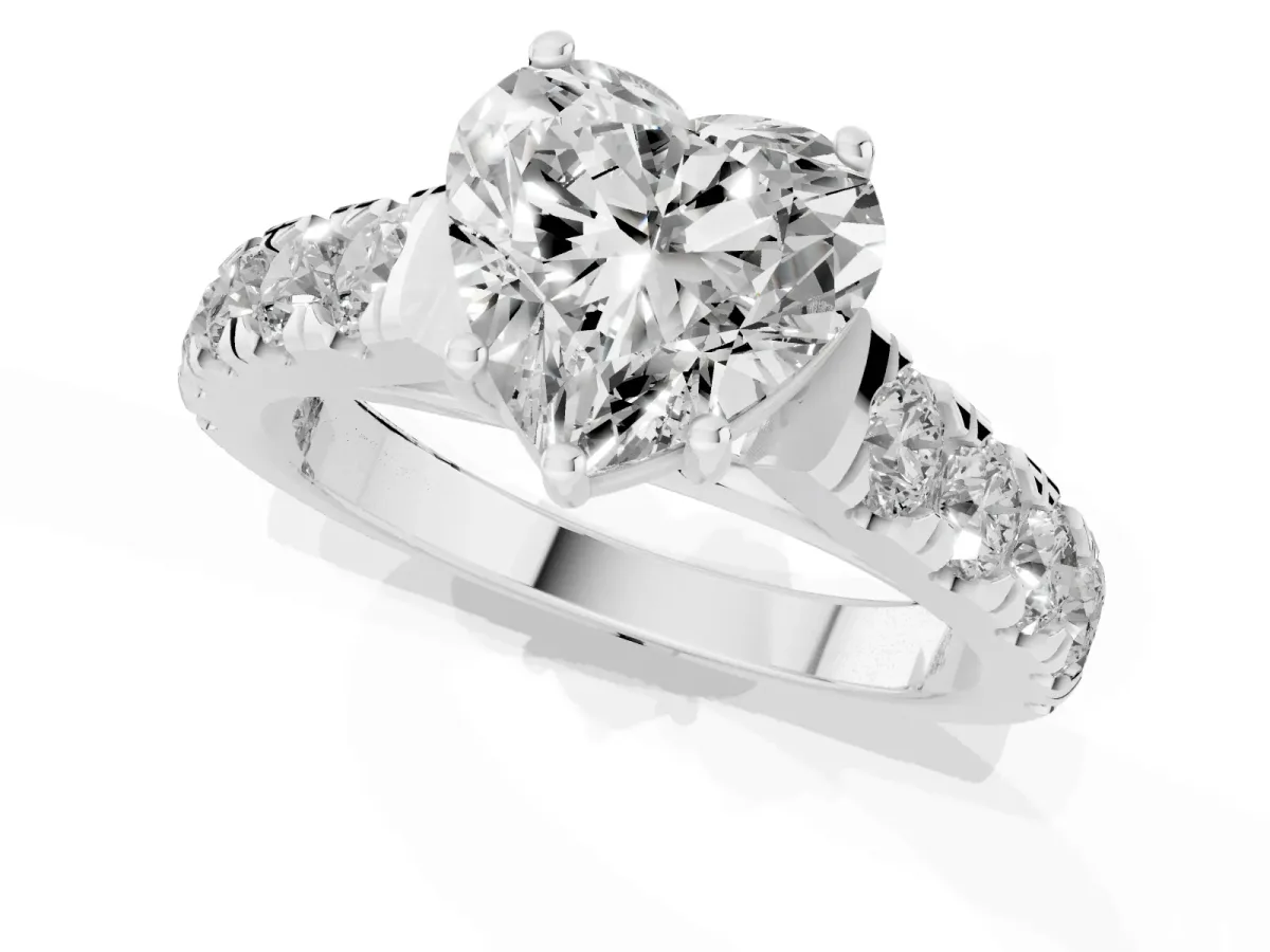 Heart Cut Cut Diamond Solitaire Ring with Micro Pave Band and Prong Setting Silver