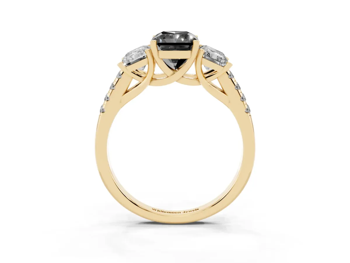 Fancy Black Three-Stone Radiant Cut Diamond Ring with Round Pavé Band and Prong Setting Yellow gold