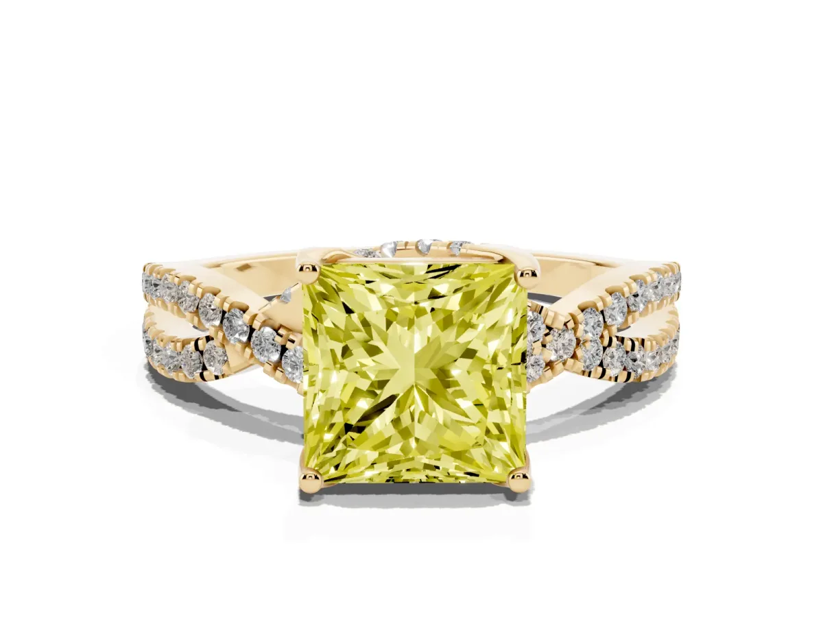 Fancy Yellow Princess Cut Solitaire Twist Pave Diamond Engagement Ring with Prong Setting Yellow gold