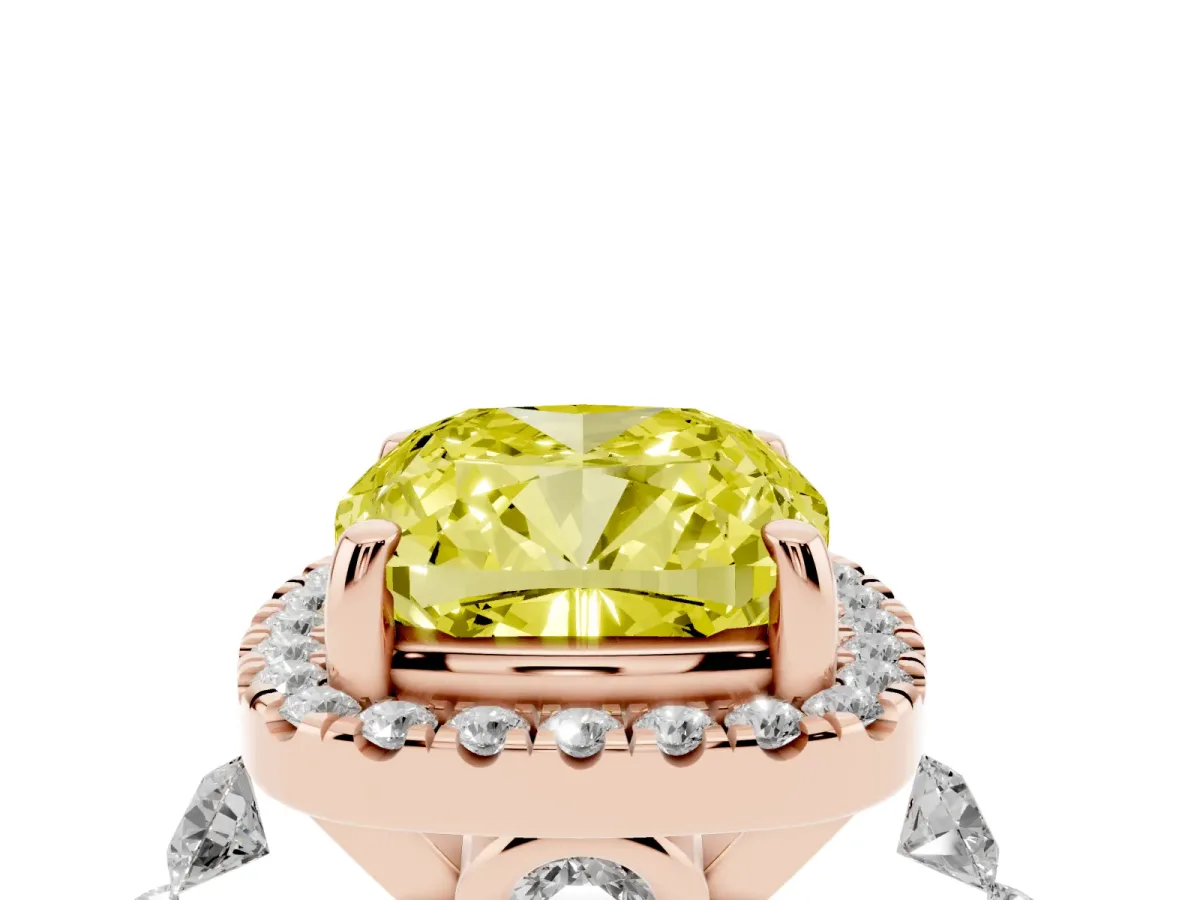 Fancy Yellow Cushion Cut Halo Pavé Diamond Engagement Ring with Four-Prong Setting Rose gold