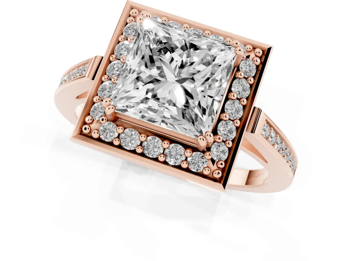 Princess Cut Diamond Halo Ring with Split Shank and Four-Prong Setting Rose gold
