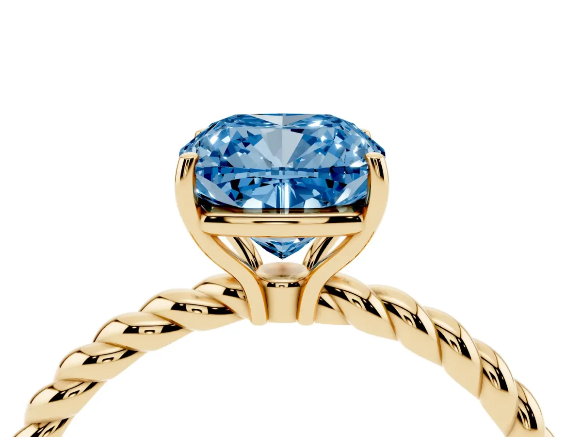 Fancy Blue Cushion Cut Solitaire Twist Band Ring with Four-Prong Setting Yellow gold