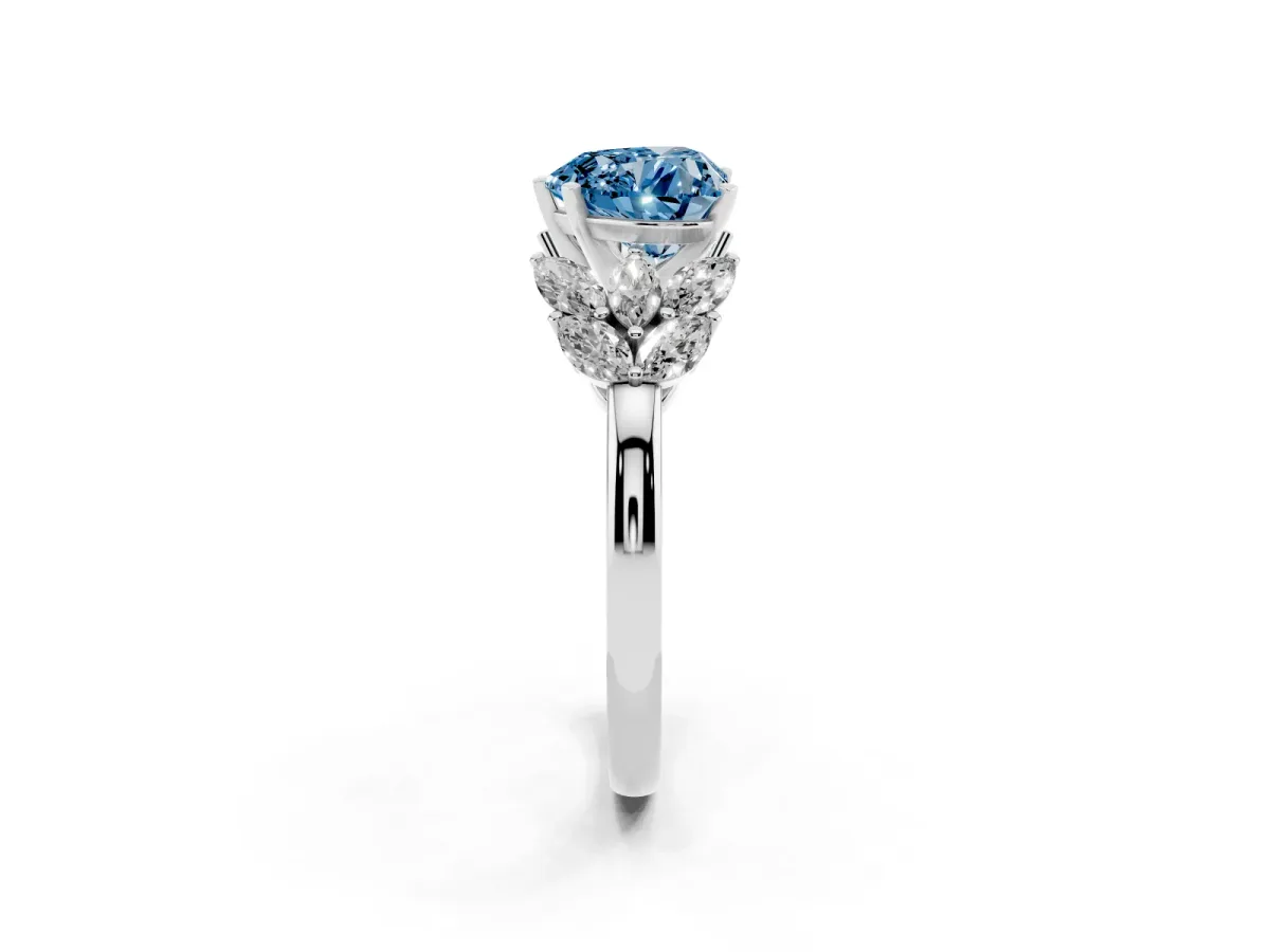 Fancy Blue Heart Cut Diamond Cluster Leaf Design Ring with Prong Setting Platinum