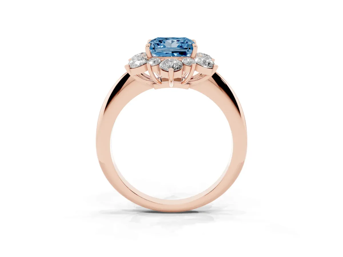 Fancy Blue Princess Cut Diamond Cluster Halo Ring with Solitaire Band and Four-Prong Setting Rose gold