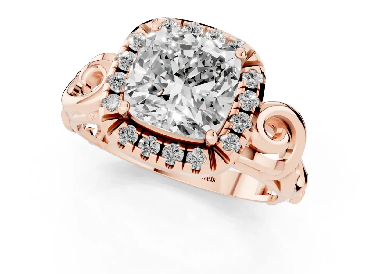 Cushion Cut Cut Halo Diamond Ring with Scrollwork Band and Four-Prong Setting Rose gold