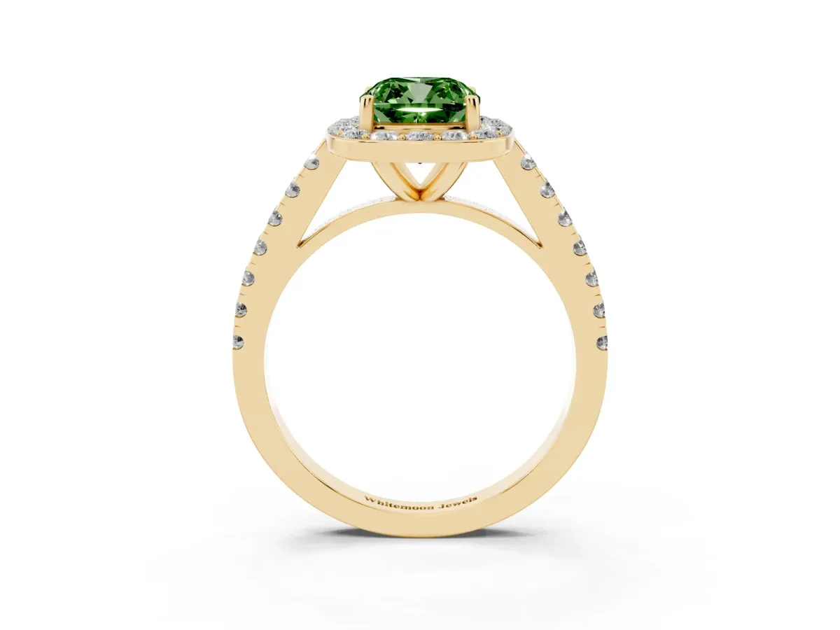 Fancy Green Cushion Cut Diamond Halo Ring with Round Pavé Split Shank and Prong Setting Yellow gold