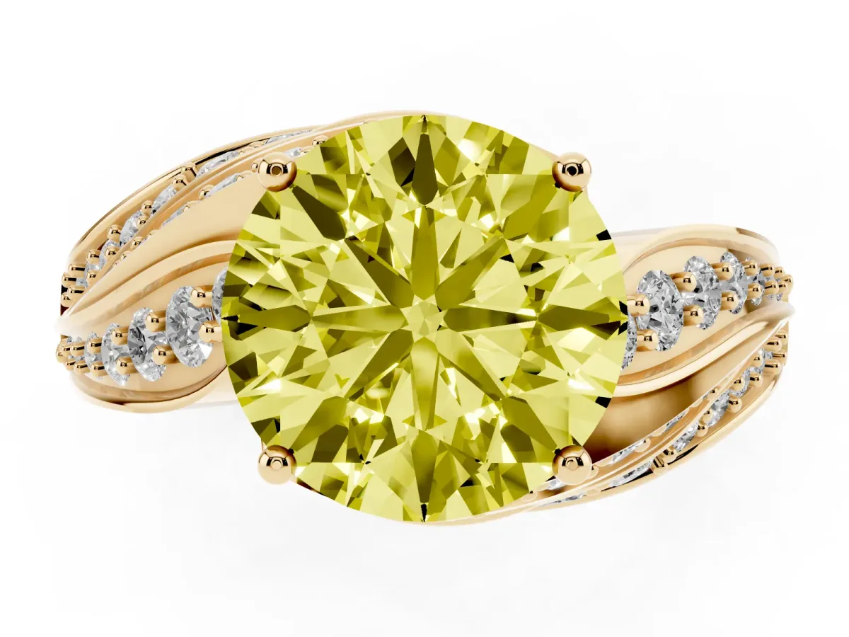 Fancy Yellow Round Cut Diamond Solitaire Ring with Prong Setting and Twisted Pavé Band Yellow gold