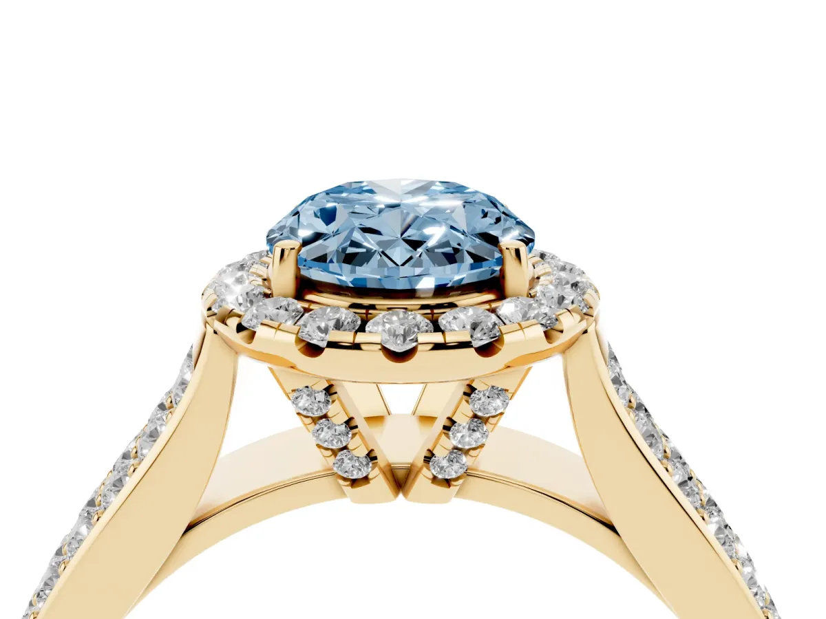 Fancy Blue Oval Cut Halo Round Diamond Pave Band with Prong Setting Yellow gold