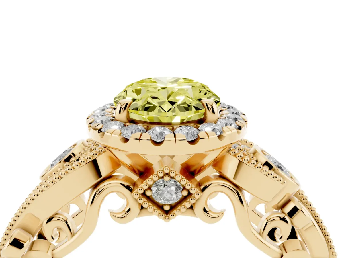 Fancy Yellow Oval Cut Diamond Halo Ring with Milgrain Pavé Band and Four-Prong Setting Yellow gold