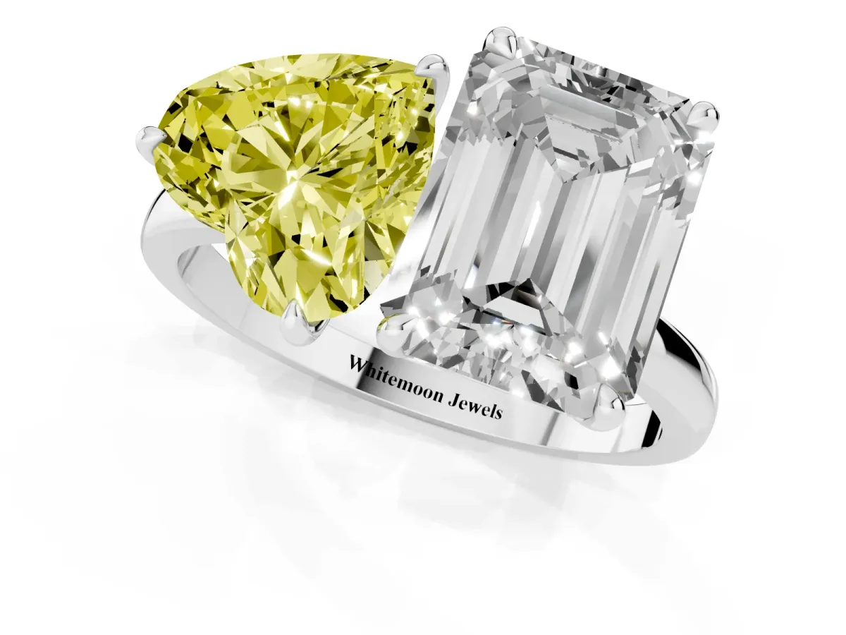 Fancy Yellow Heart Cut and Emerald Cut Toi Moi Ring with Prong Setting Silver