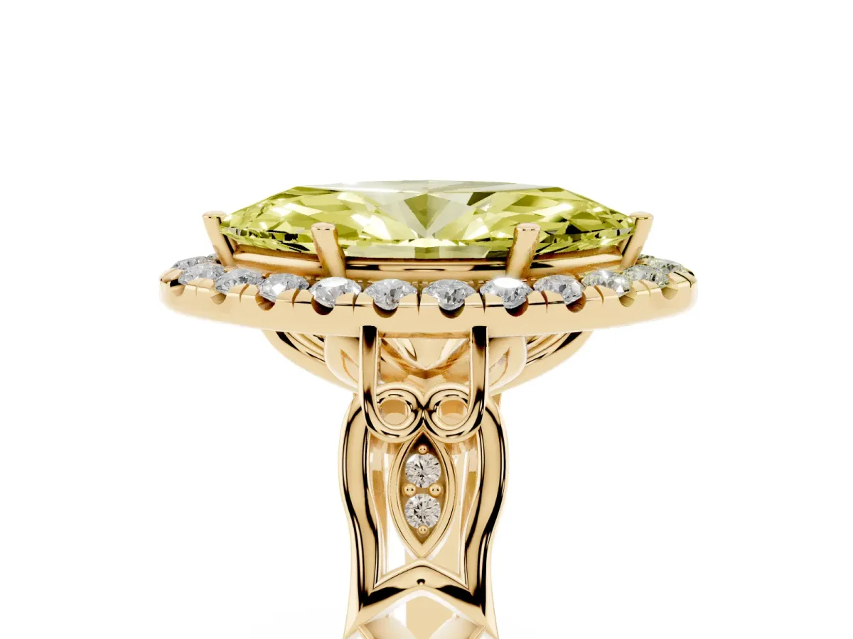 Fancy Yellow Marquise Cut Halo Diamond Engagement Ring with Filigree Band and Four-Prong Setting Yellow gold
