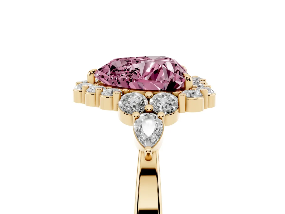 Fancy Pink Heart Cut Diamond Halo Ring with Pear Side Stones and Prong Setting Yellow gold