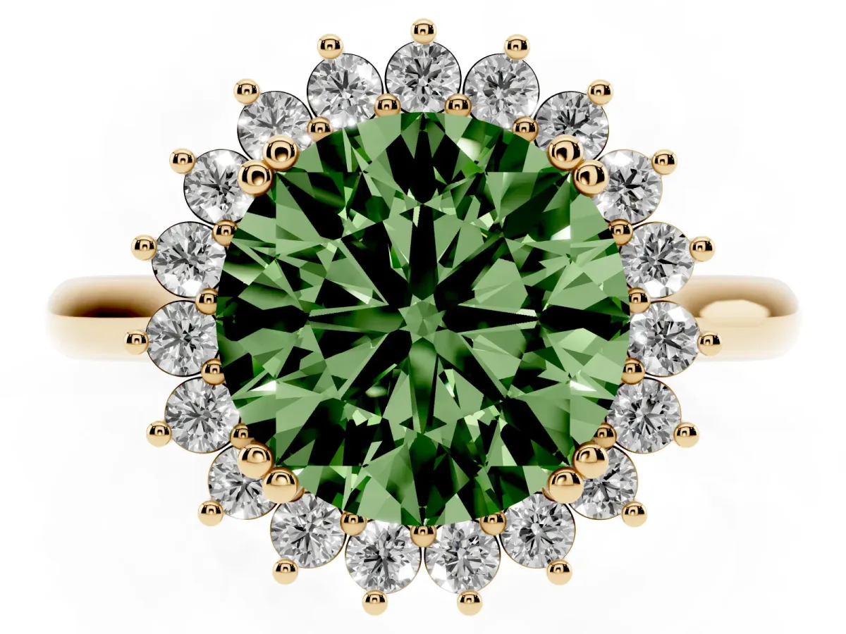Fancy Green Round Cut Cut Diamond Halo Ring with Solitaire Band and Prong Setting Yellow gold