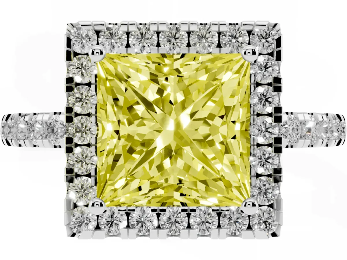 Fancy Yellow Princess Cut Halo Diamond Engagement Ring with Pavé Band and Four-Prong Setting Silver
