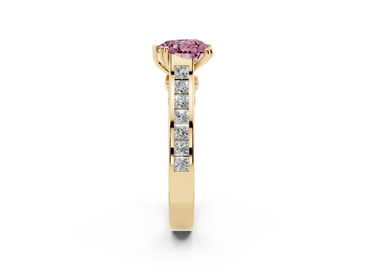 Fancy Pink Heart Cut Cut Channel Set Solitaire Engagement Ring with Prong Setting Yellow gold